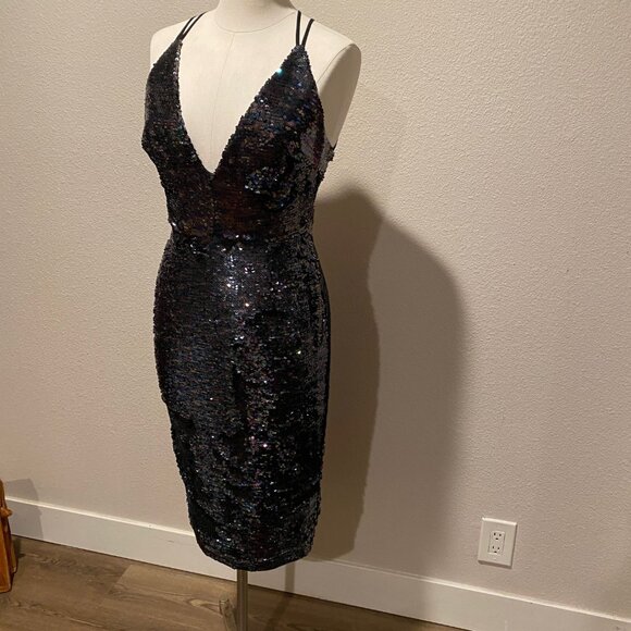ASOS Black Sequin Midi Cocktail Dress | Deep V Strappy Back‎ | Size 6 - Picture 7 of 8